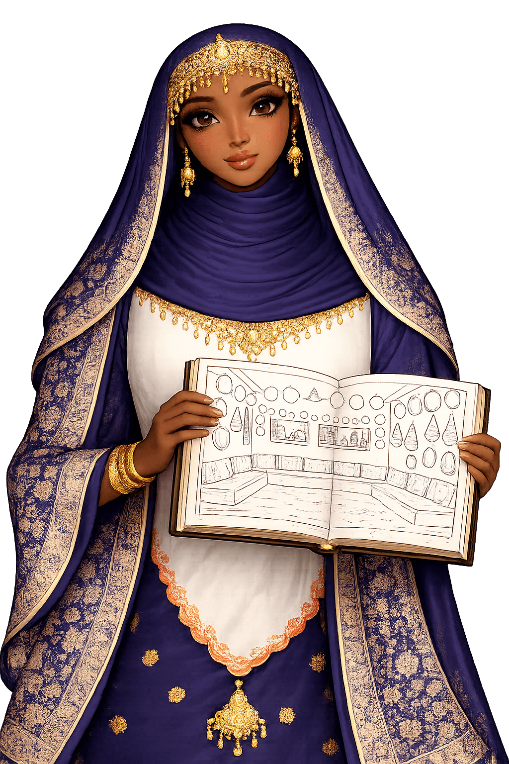 Harari Heritage Coloring Book Girl A young Harari girl wearing a navy and gold traditional outfit with a matching hijab holds an open book showing a black-and-white line drawing of a Harari-style building.