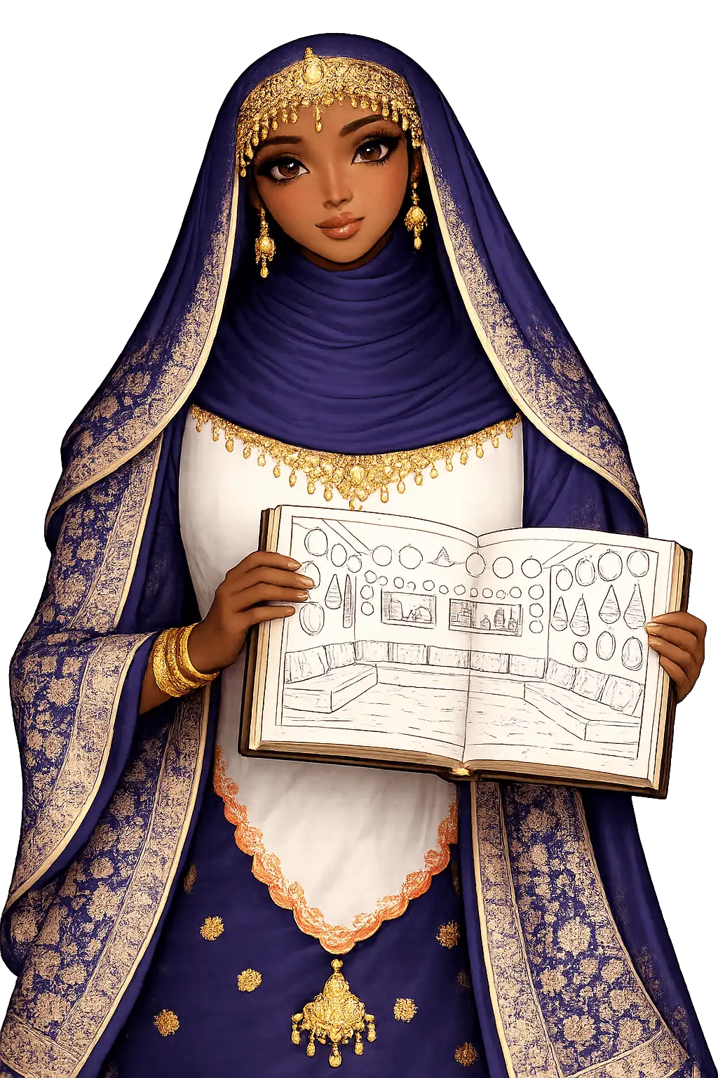 A young Harari girl wearing a navy and gold traditional outfit with a matching hijab holds an open book showing a black-and-white line drawing of a Harari-style building.