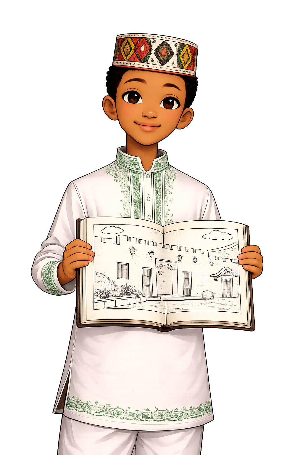 Young boy with sketchbook of fortress(1)(1) A young Harari girl wearing a navy and gold traditional outfit with a matching hijab holds an open book showing a black-and-white line drawing of a Harari-style building.